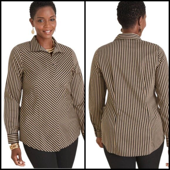 Chico's No Iron Sateen Striped Blouse Travel Office Tan Black Size 3 US 16/18 - Picture 2 of 13